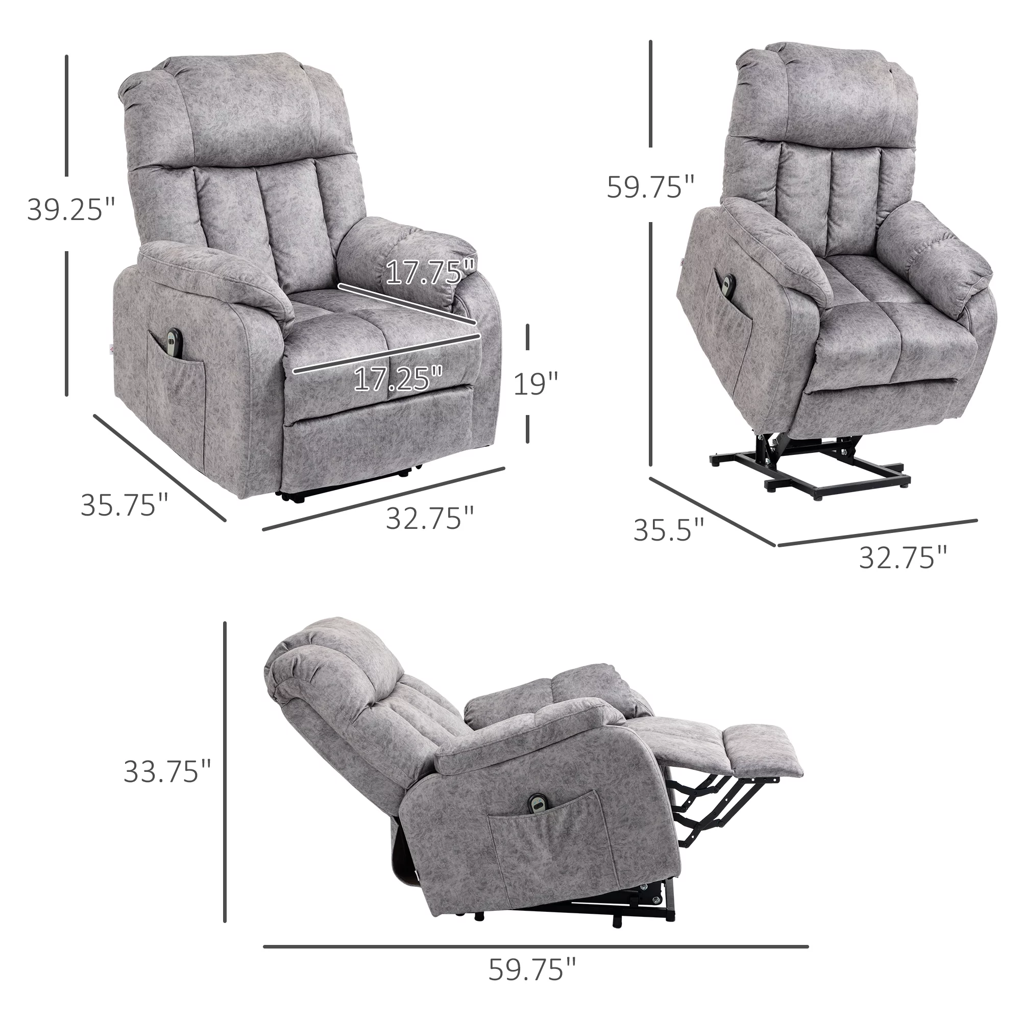 HOMCOM Power Lift Chair, Electric Recliner for Elderly, Compact Living Room Chair with Side Pocket & Remote Control, Grey - Image 7