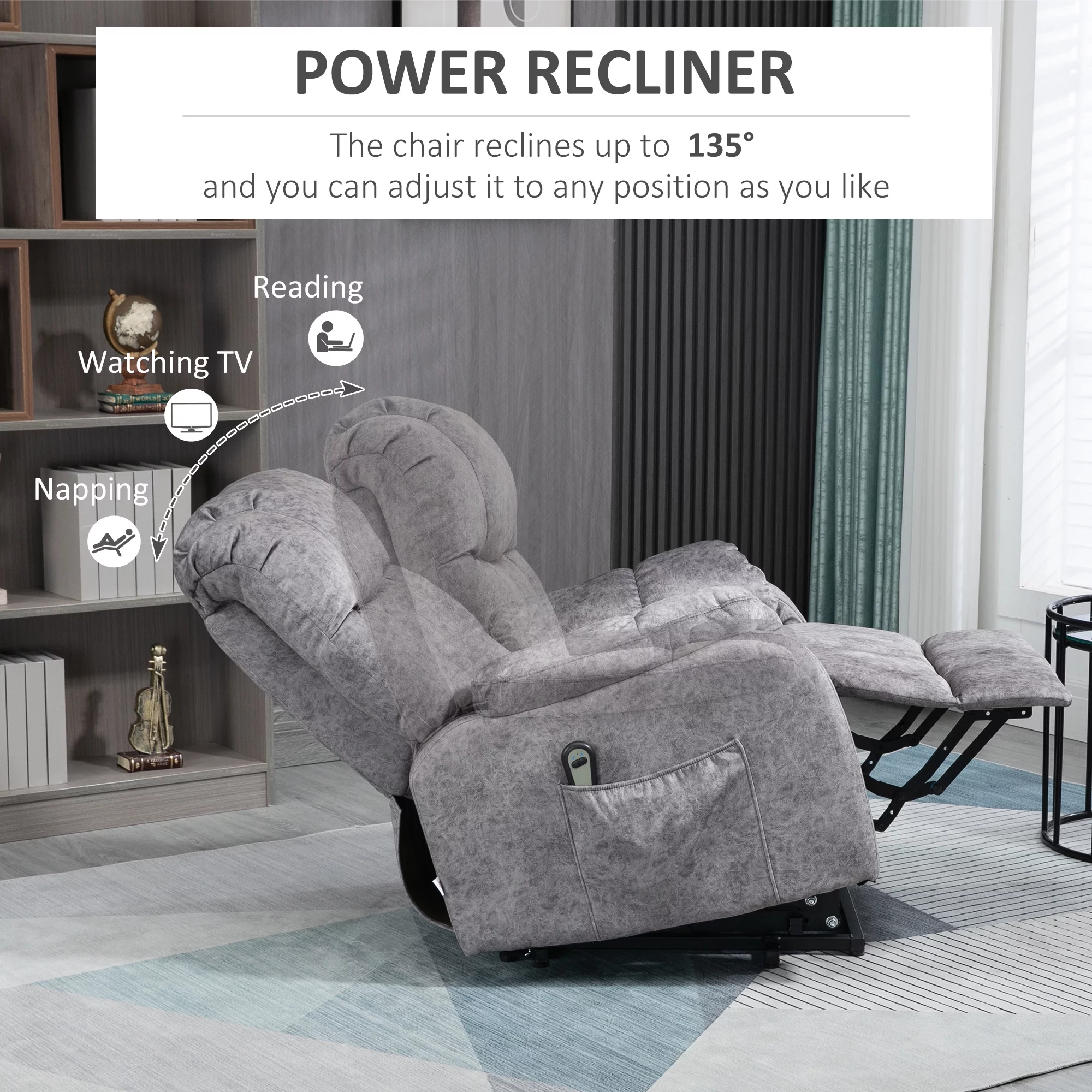 HOMCOM Power Lift Chair, Electric Recliner for Elderly, Compact Living Room Chair with Side Pocket & Remote Control, Grey - Image 3