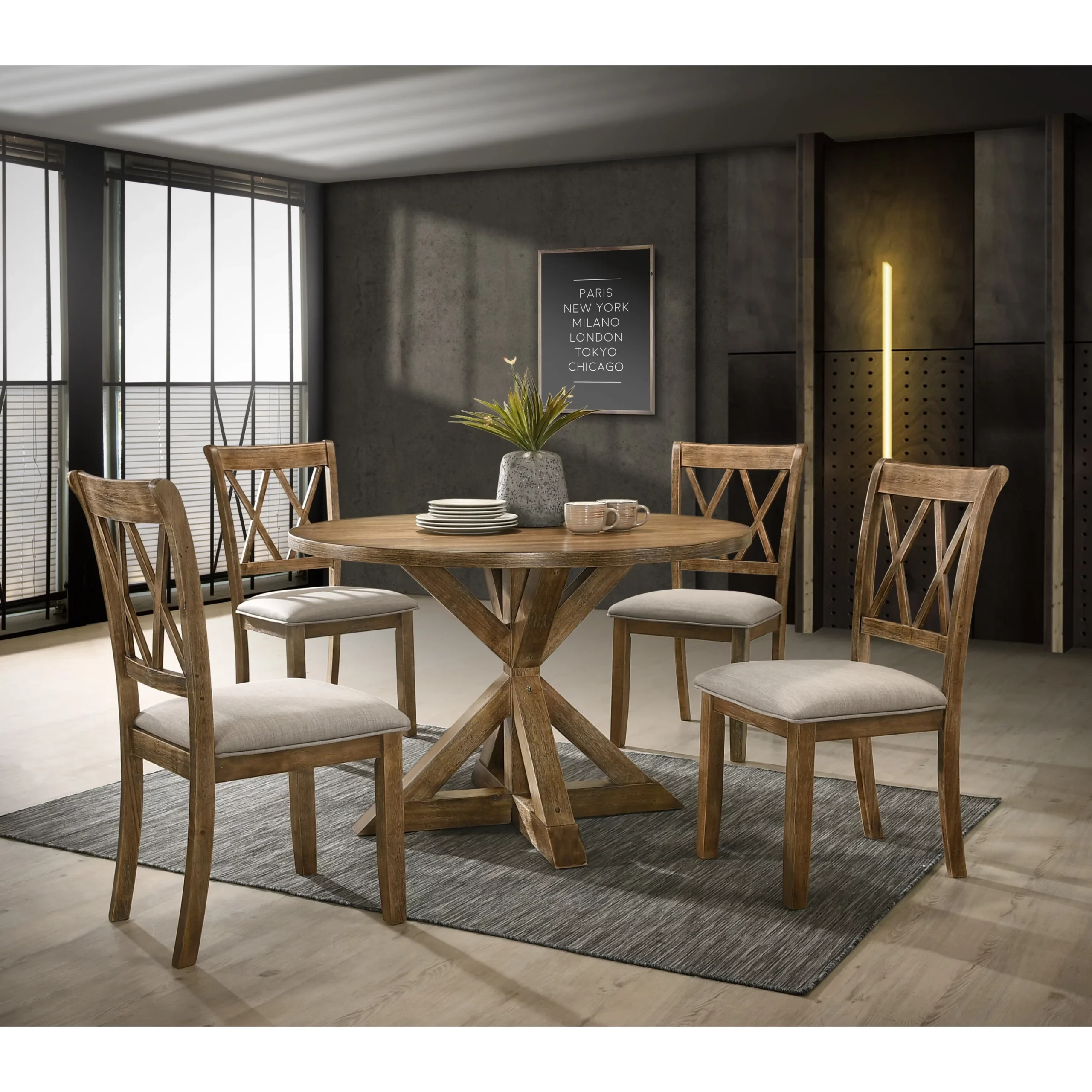 Roundhill Furniture Windvale Cross-Buck Wood 5-Piece Dining Set in Tan - Image 2