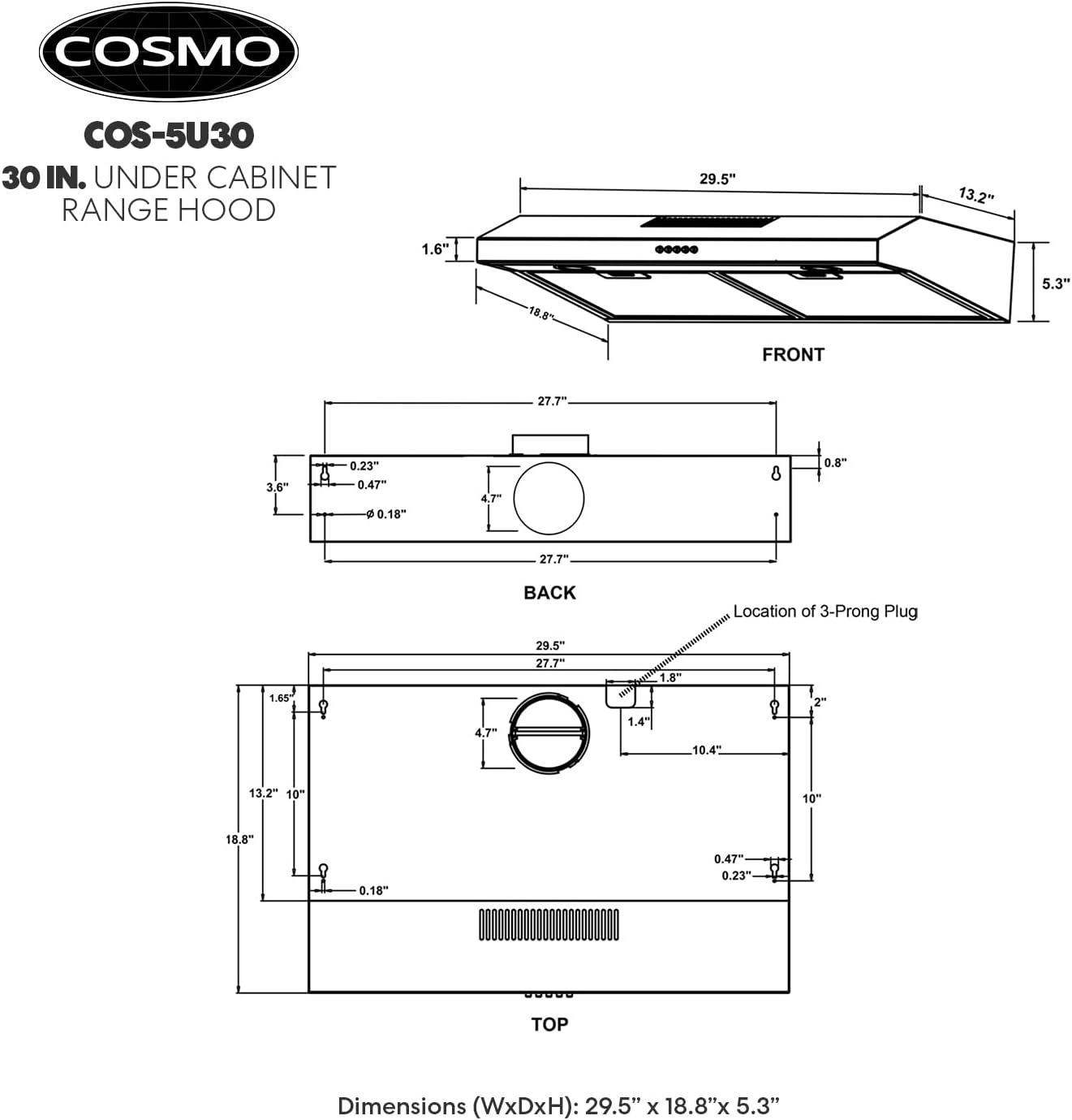 Cosmo 5U30 30 in. Under Cabinet Range Hood with Ducted / Ductless Convertible Slim Kitchen Over Stove Vent, 3 Speed Exhaust Fan, Reusable Filter, LED Lights in Stainless Steel - Image 5